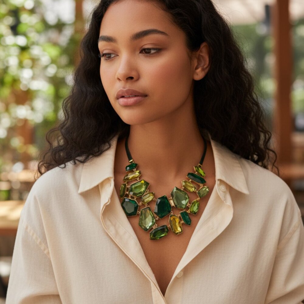 DESIGNER JOAN RIVER MULTI COLOR GREEN BLACK VELVET/CHAIN STATEMENT NECKLACE